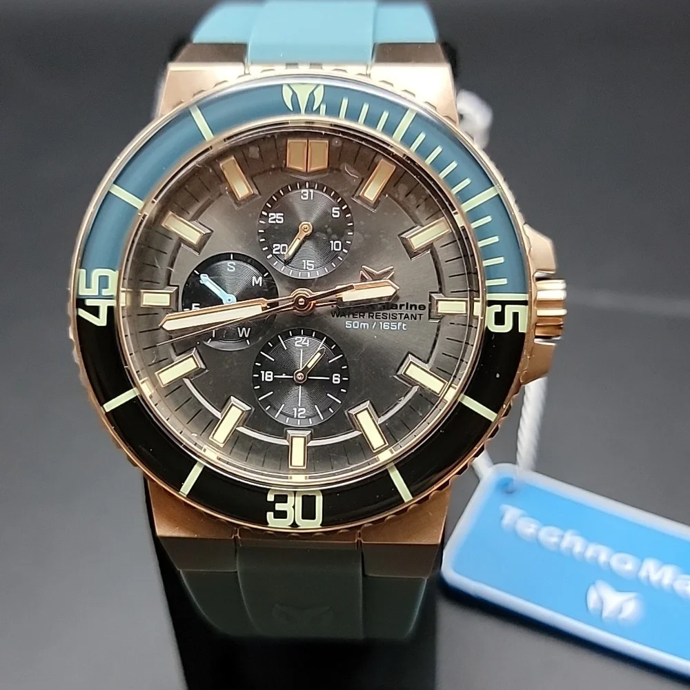 NEW TM-225103 TechnoMarine La Pelagia Men's Watch 43mm Black Teal Rose Gold Slot